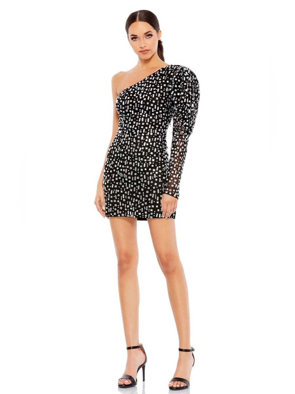 Mac Duggal Black Bejeweled Puff Sleeve One Shoulder Cocktail Mini Dress Size 6